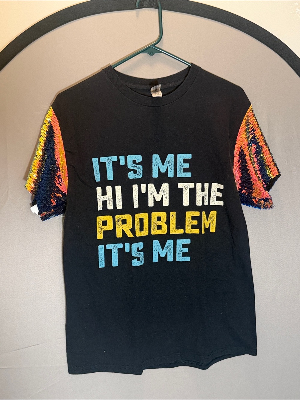 Gildan Black Tee with Taylor Swift lyrics and Reversible Sequin Sleeves